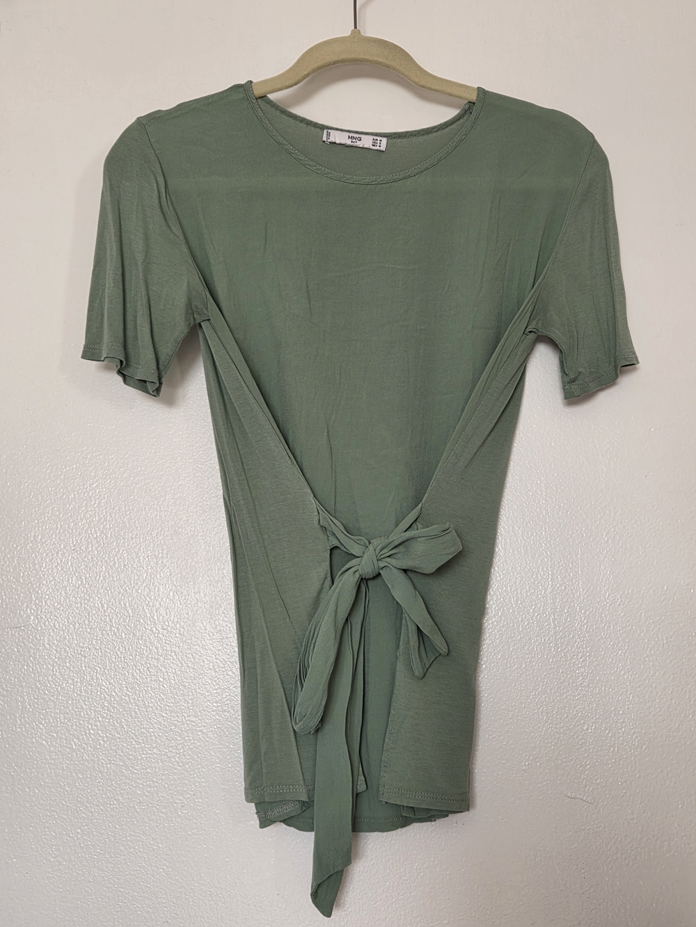 Mango Sage Green Front Tie Short Sleeve Top